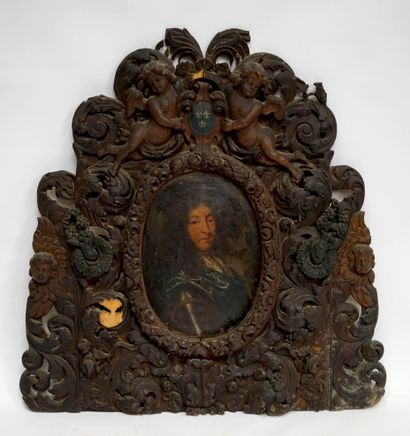 null French school XVIIth. Portrait of Louis XIV in armor. Oil on cardboard with...