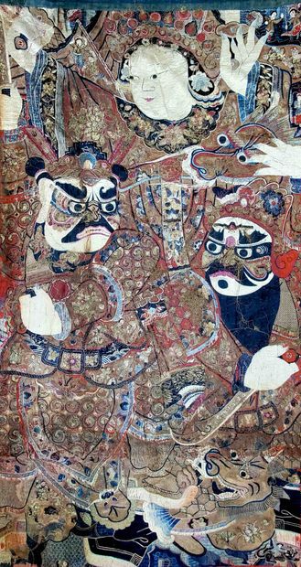 null CHINA early 19th century. Masked theater actors. Embroidery. 302 x 164 cm Some...