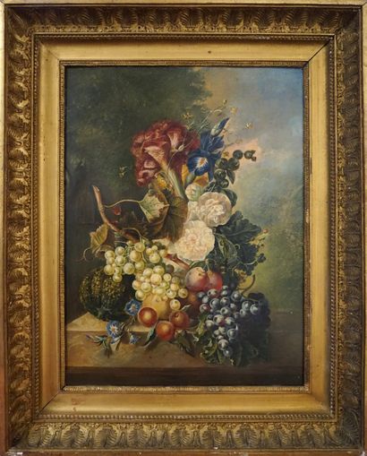 null School of the XIXth in the taste of the XVIIIth Bouquet on an entablature. Oil...