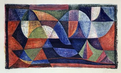 null Serge REZVANI (1928). Colored geometric composition, 1953. Lithograph signed...