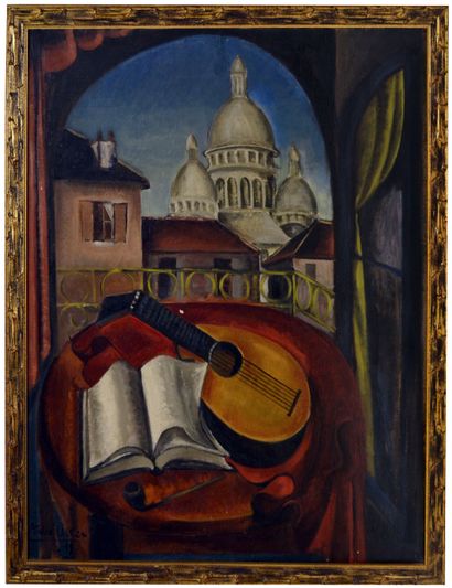 null André UTTER (1886-1948) Still life with mandolin, pipe and book on a pedestal...