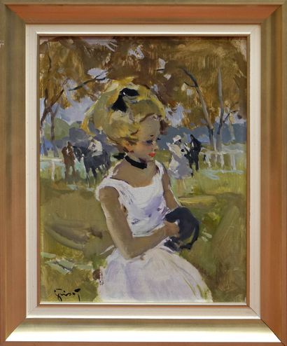 null Pierre GRISOT (1911-1995). Elegant woman at the racetrack. Oil on Isorel signed...
