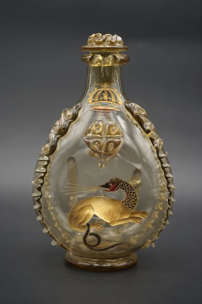 null Emile GALLE (1846-1904) Covered flask in smoked glass with cut, gilded and enamelled...