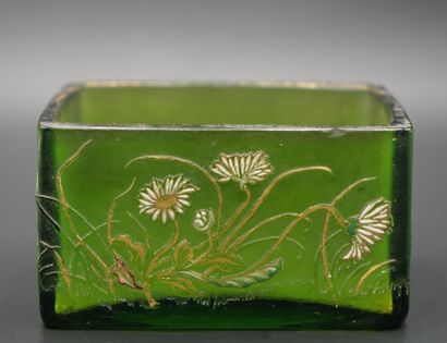 null GALLE. Small rectangular JARDINIERE out of green tinted glass with decoration...