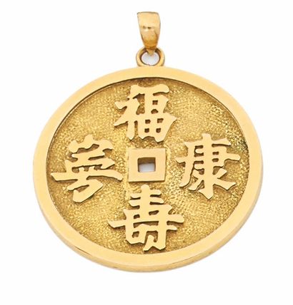 null PENDANT in yellow gold 750 mils. representing a bi disc decorated with calligraphic...