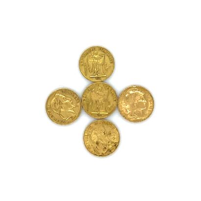 null FIVE PIECES of 20 francs gold: Winged Genius (3), Napoleon III laureate (1),...