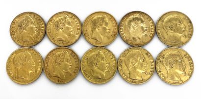 TEN PIECES of 20 francs gold Napoleon III...