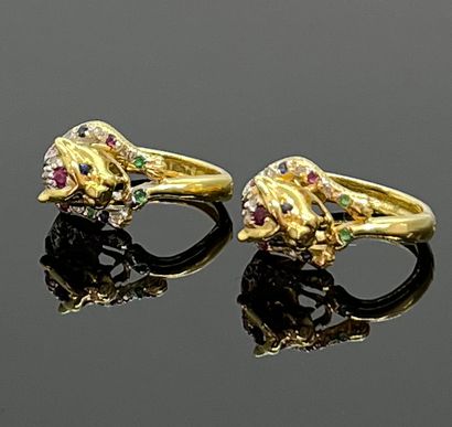 null Pair of earrings "Panther" in yellow gold 750 mils set with emeralds, sapphires...