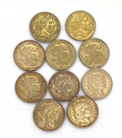 TEN PIECES of 20 francs gold, Marianne (8)...