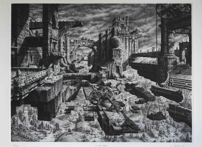 null Gérard TRIGNAC (1955) The Flying City. Etching numbered 68/100 lower left, titled...