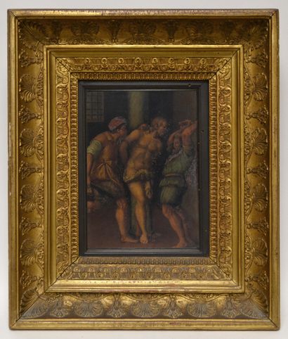 null Ecole du XIXe d’après Sebastiano Del PIOMBO. La Flagellation du Christ. Huile...