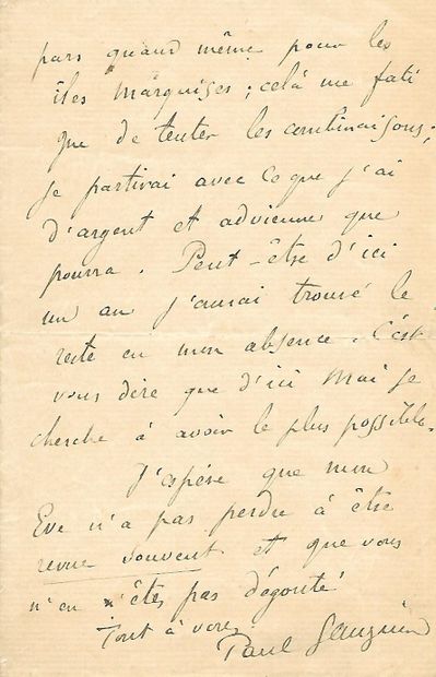 null Paul GAUGUIN, French painter (1848-1903) Autograph letter signed to painter...