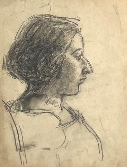 null Roderic O’CONOR (1860-1940) Portrait de jeune femme de profil. Fusain et estompe....