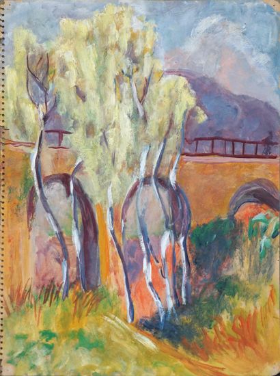 Renée HONTA (1894-1955) Pont et arbres. Aquarelle...