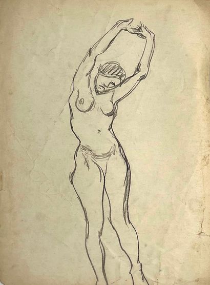 null Roderic O'CONOR (1860-1940) Frontal nude with arms above the head. Charcoal....