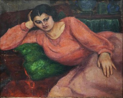 null Renée HONTA (1894-1955) (attribué à). Femme à la robe rose. Huile sur toile....