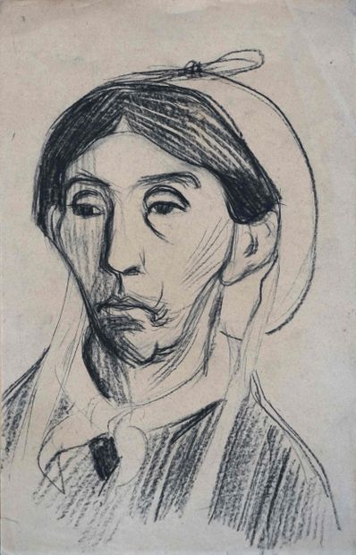 null Roderic O’CONOR (1860-1940) Portrait de femme à la coiffe. Fusain. Petites déchirures...