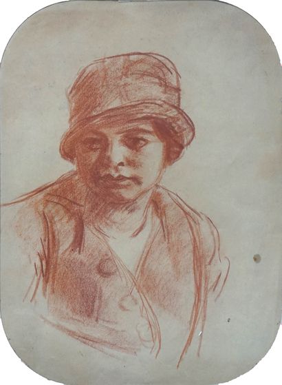 null Roderic O’CONOR (1860-1940) Portrait de jeune femme au chapeau. Sanguine. Papier...