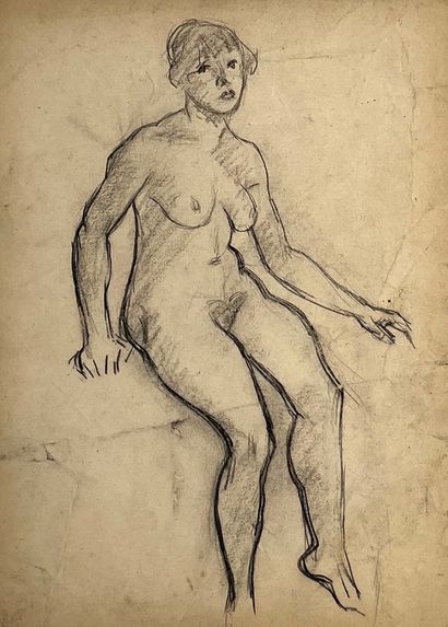 null Roderic O'CONOR (1860-1940) Seated Nude. Charcoal and shading. Insolated paper,...