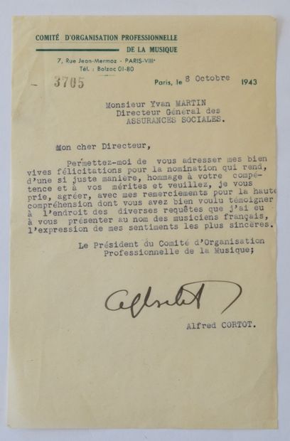 null CORTOT (Alfred) pianiste français (1877-1962) Lettre dactylographiée signée...