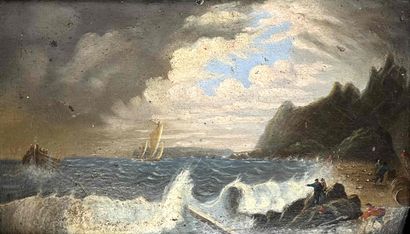 null School of the XIXth century. Sailors in the storm. Oil on panel. 23 x 40 cm...