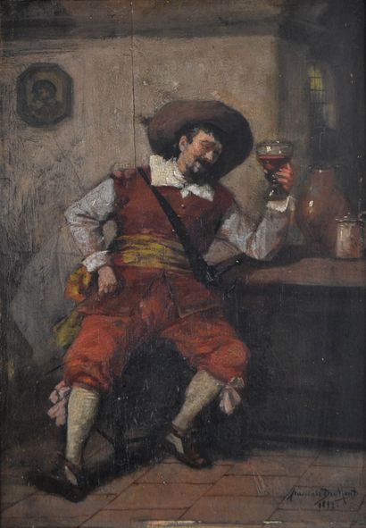 null François DUMONT (c.1850-?) Buveur dans une taverne au XVIIe. Huile panneau signée...