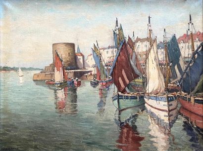 null Georges CHARPENTIER (XIX-XXe). Voiliers au port. Huile sur toile signée en bas...