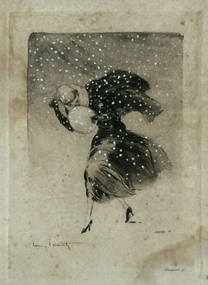 null Louis ICART (1888-1950) Elégante dans une tourmente de neige Pointe sèche signée....