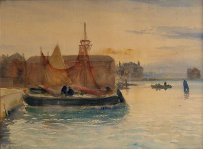 null Gaston ROULLET (1847-1925). Pêcheurs à Venise, soleil couchant. Aquarelle, portant...