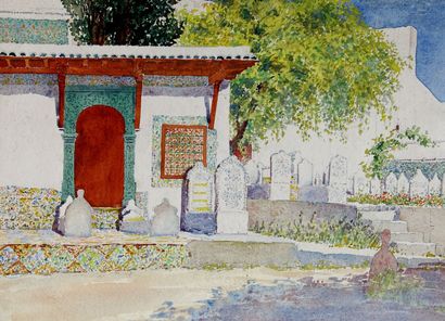 null Ecole orientaliste XXe. Alger, mosquée Sidi Ab El Rhaman, 21 mai 1930. Aquarelle....