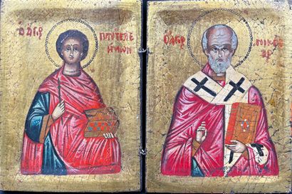 null Paire d'icônes de Saint Pantéleimon et de Saint Nicolas. Grèce, XIXe siècle....