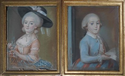 null Ecole française XVIIIe. Portraits d'un architecte et de sa famille. Quatre pastels....
