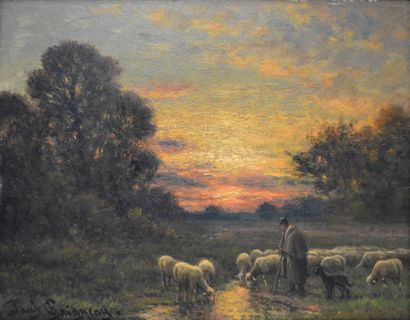 null Paul CHAIGNEAU (1879-1938) Berger et moutons au crépuscule. Huile sur panneau...