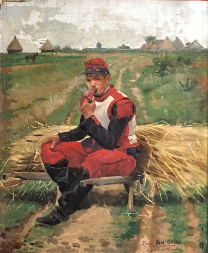 null Pierre PETIT-GÉRARD (1852-1933). Militaire à la pipe. Huile sur panneau signée...