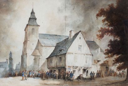 null French school XIXth Animation on the village square in Normandy. Watercolor....