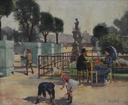 null Tony TORTA, XIXe-XXe . Couple attablé et enfants jouant au jardin des tuileries...