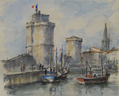 null Michel HERTZ (1933-2022). Le port de La Rochelle. Aquarelle signée avec ancre...