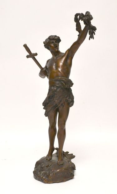 null F. LEMOYNE, XIXe-XXe. Le vainqueur. Bronze à patine brune signé. H. 45,5 cm