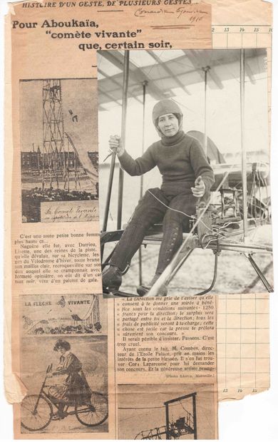 null Pionnière de l’aviation / Femme acrobate. Mlle Aboukaîa pilotant un avion Farman....