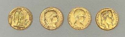 Lot of four gold CURRENCIES: three 20 F gold...