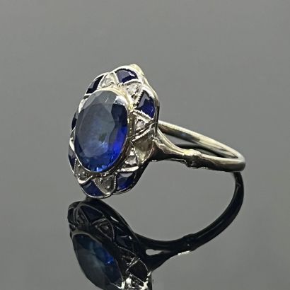 null 750 mils white gold daisy ring, the oval bezel set with an oval faceted sapphire...