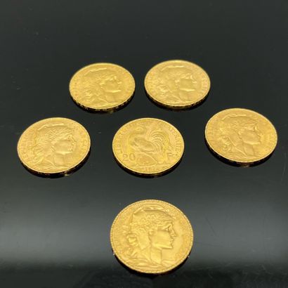 SIX PIECES of 20 francs gold Marianne