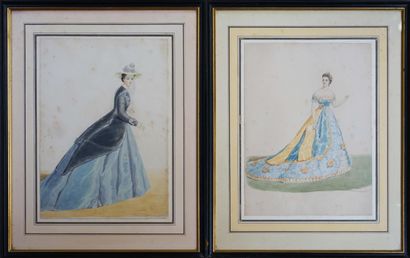 null Ecole française vers 1850–60. Deux élégantes. Deux dessins monogrammés MV. Aquarelle....