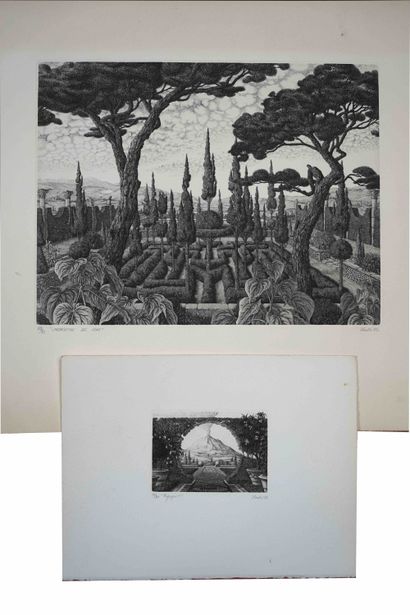 null François HOUTIN (1950), Deux gravures, Le labyrinthe des noms et paysage numéro...