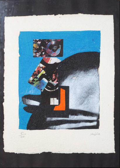 null Ladislas KIJNO (1921-2012). Profil bleu. Lithographie et collage numéroté 5/40....