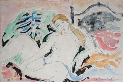 null Alain BONNEFOIT (1937) Femme nue allongée sur un lit. 34 x 52 cm à vue