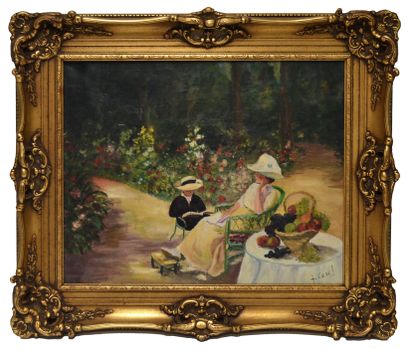 null Johannes CAREL (XIX-XX) Femme et enfant à la lecture dans un jardin fleuri....