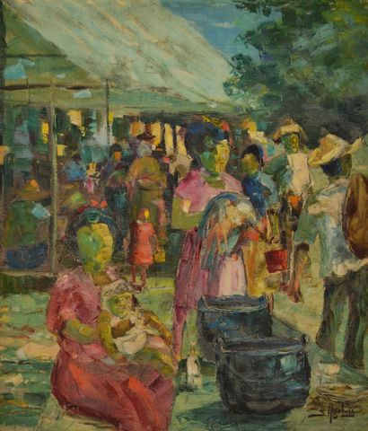 null Segundo ALGELVIS (1899-1988) Scène de marché en Colombie. Huile sur toile signée...