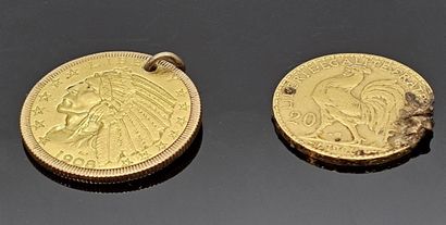 TWO PIECES in yellow gold: 20 francs or République...