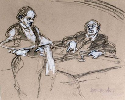 null Claude WEISBUCH (1927) Au café Fusain et rehauts de craie signé en bas à droite....